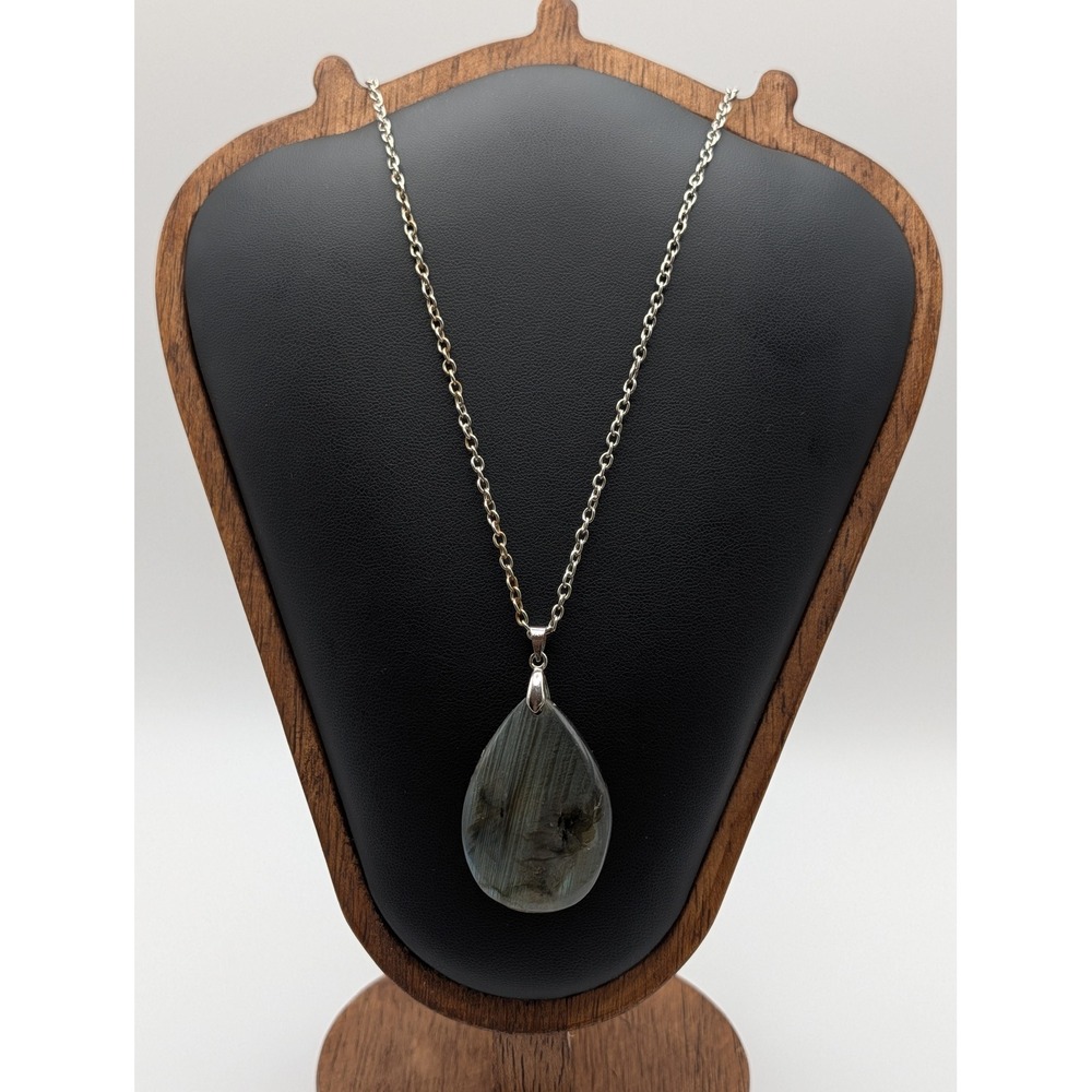 Labradorite Teardrop Pendant Necklace Silver Tone Cable Chain Blue Flash Boho